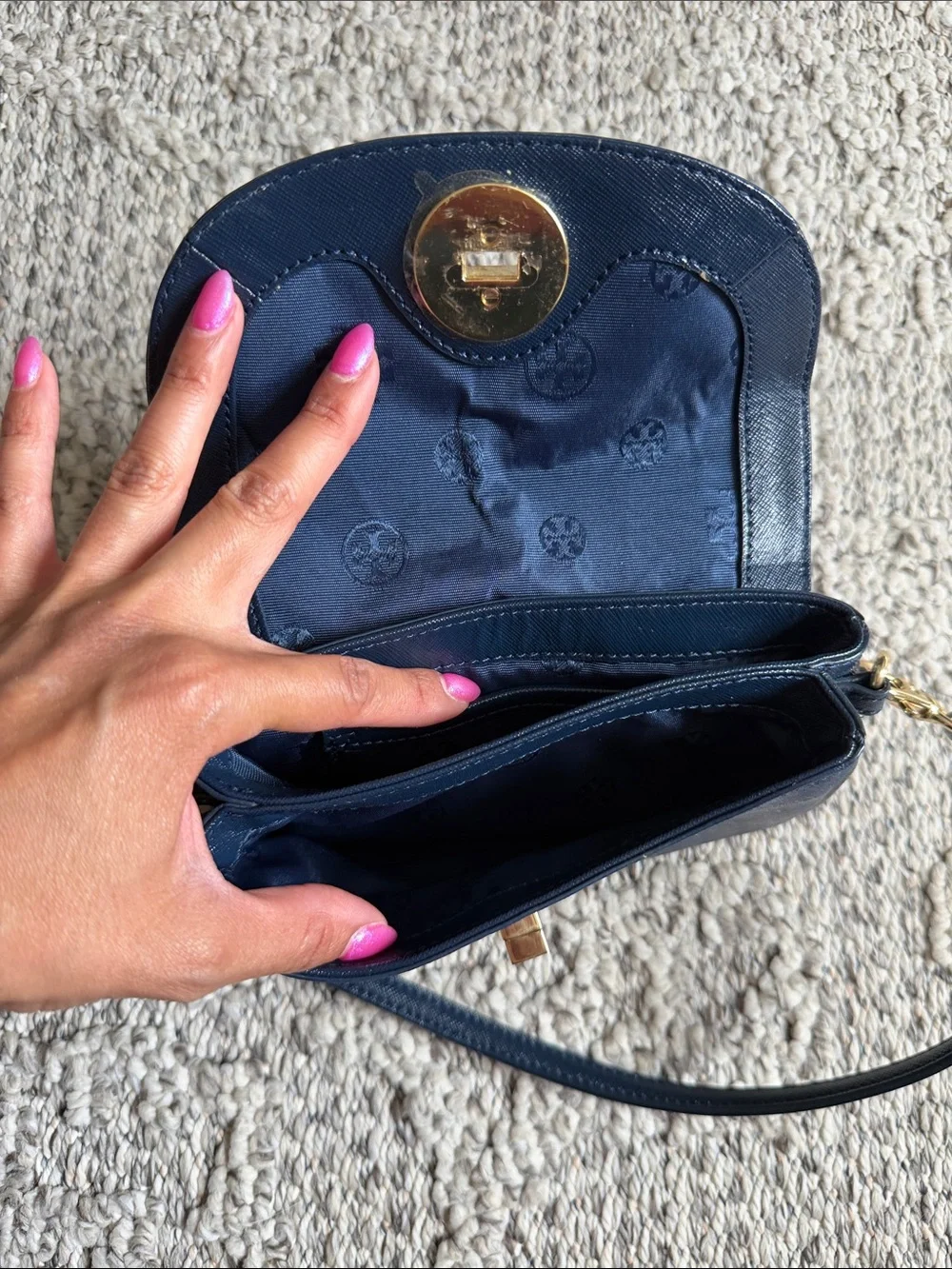 Tory Burch Navy Leather Crossbody with Gold Logo Medallion